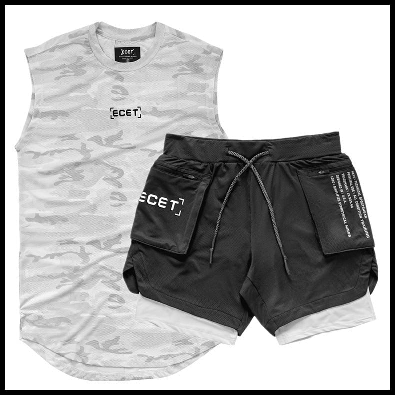 Mens Sports Leisure Suit Vest and Double Layer Training Shorts