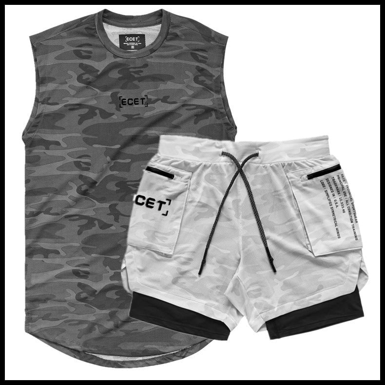 Mens Sports Leisure Suit Vest and Double Layer Training Shorts