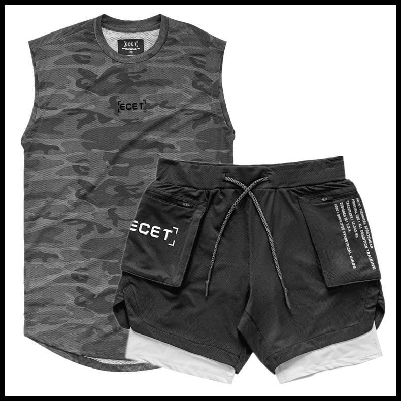 Mens Sports Leisure Suit Vest and Double Layer Training Shorts