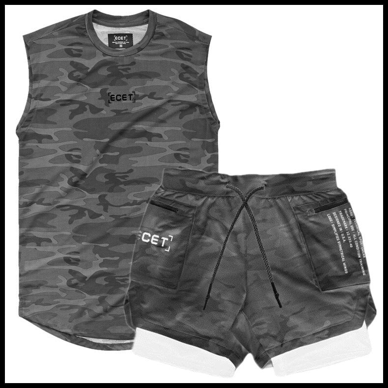 Mens Sports Leisure Suit Vest and Double Layer Training Shorts
