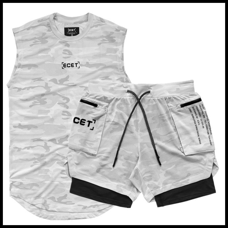 Mens Sports Leisure Suit Vest and Double Layer Training Shorts