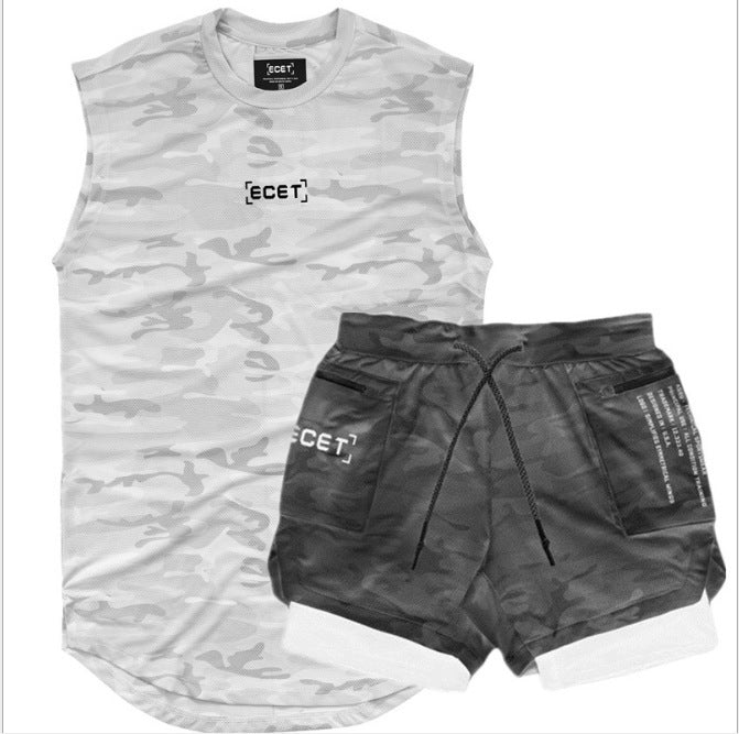Mens Sports Leisure Suit Vest and Double Layer Training Shorts