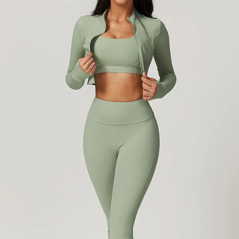 Activewear 3 Piece Workout Set Sports Bra Leggings Long Sleeve