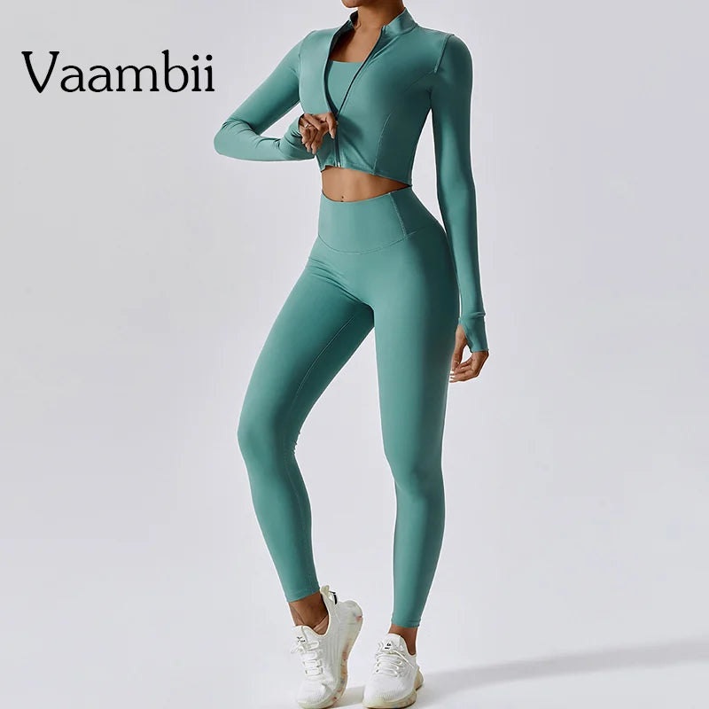 Activewear 3 Piece Workout Set Sports Bra Leggings Long Sleeve