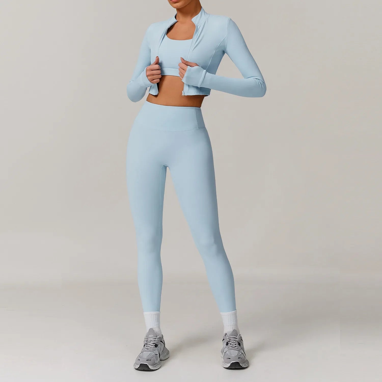 Activewear 3 Piece Workout Set Sports Bra Leggings Long Sleeve