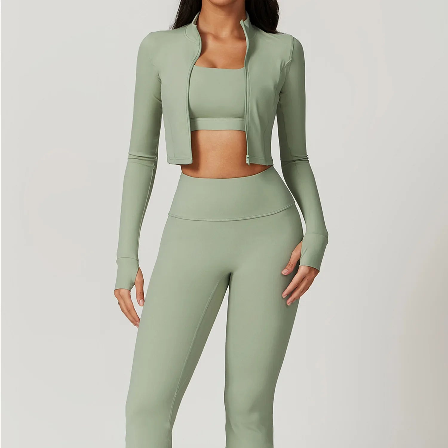 Activewear 3 Piece Workout Set Sports Bra Leggings Long Sleeve