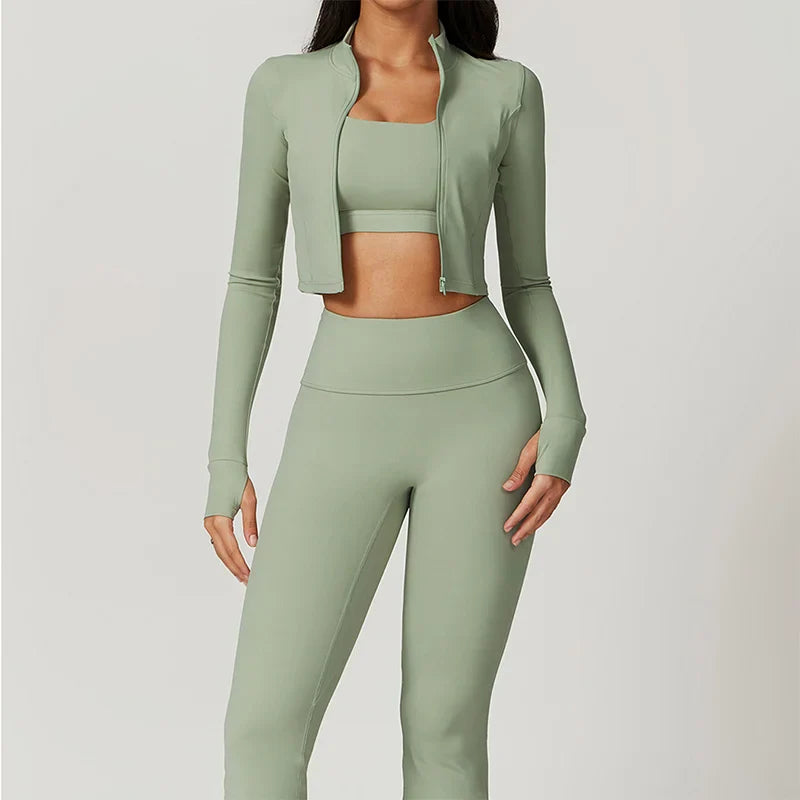 Activewear 3 Piece Workout Set Sports Bra Leggings Long Sleeve
