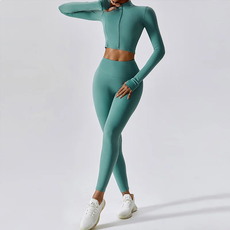 Activewear 3 Piece Workout Set Sports Bra Leggings Long Sleeve