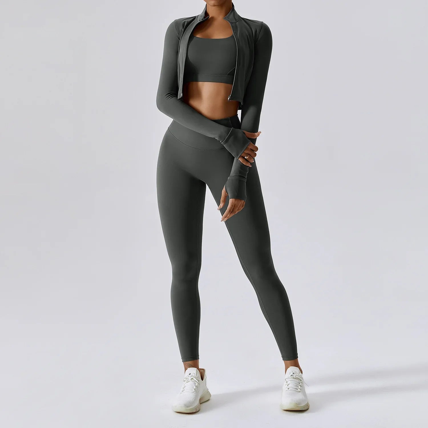 Activewear 3 Piece Workout Set Sports Bra Leggings Long Sleeve