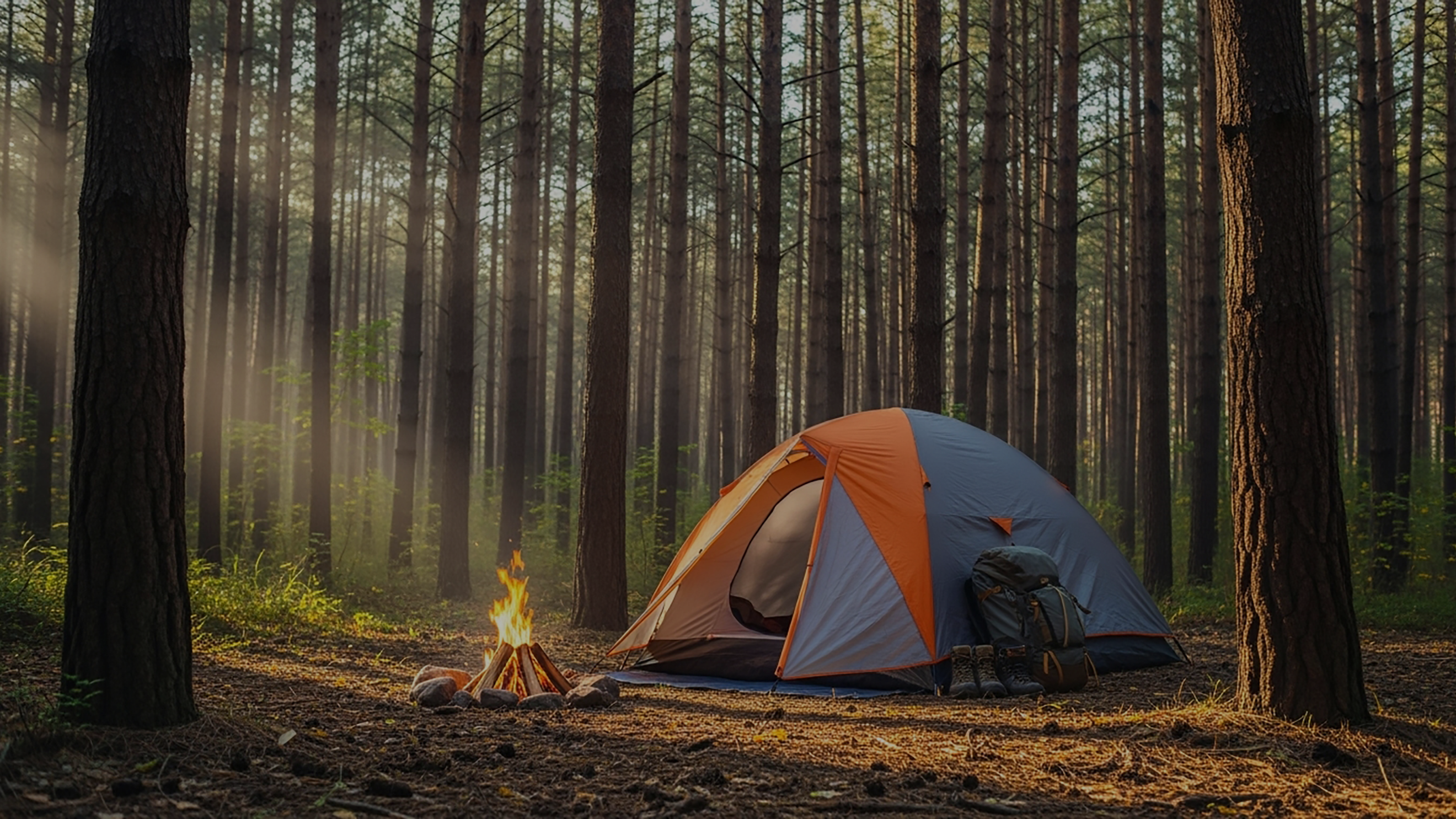 Forest camping scene with tent, glowing campfire, and backpack set among tall trees during outdoor adventure